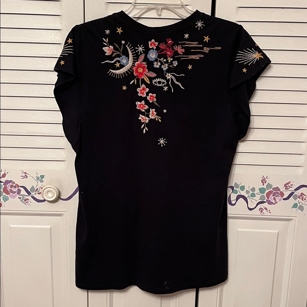 Johnny Was Black V-Neck Lissa Short Sleeve Top with Multicolor Floral Embroidery - Picture 5 of 9